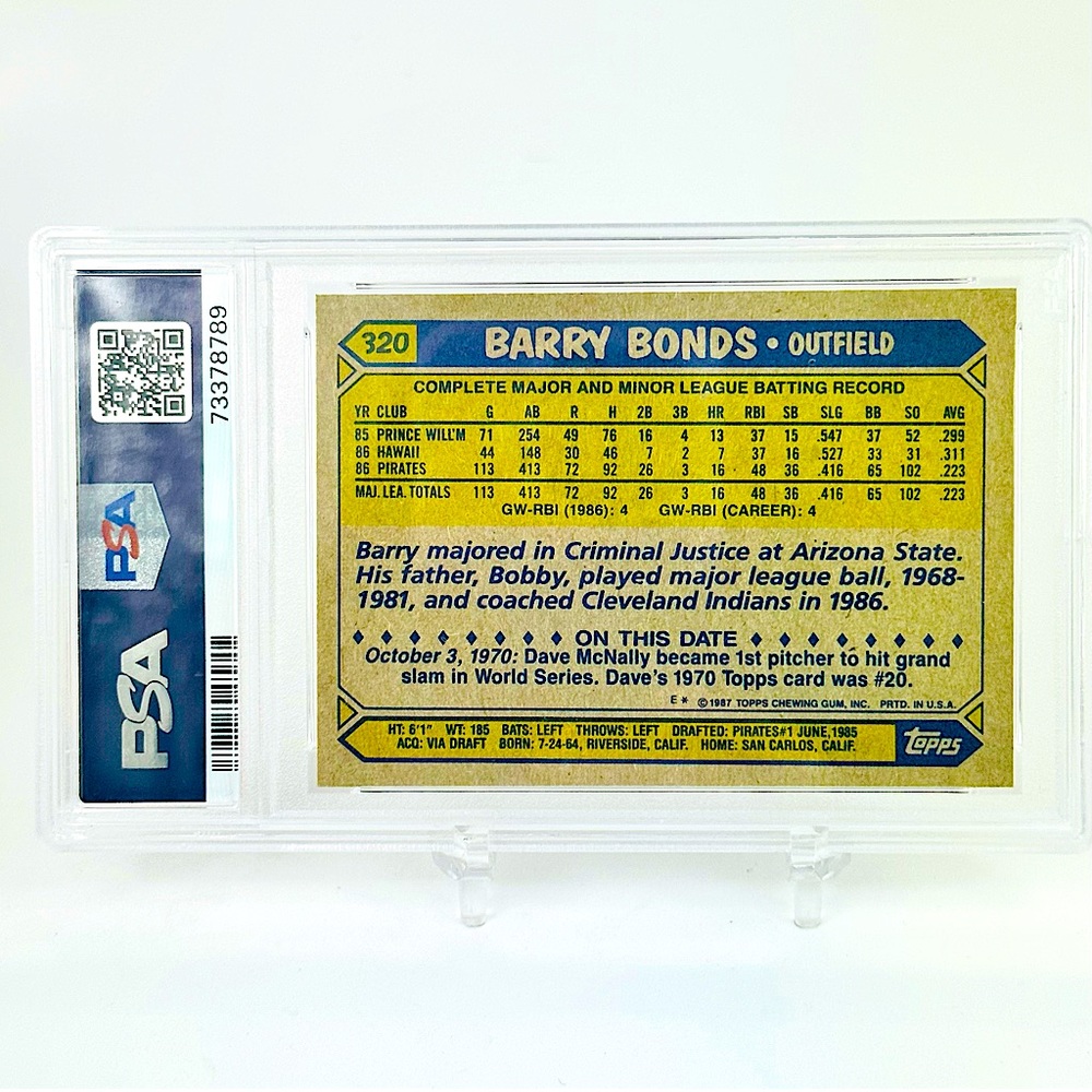 1987 Topps 320 Barry Bonds Rookie - Picture 2 of 2